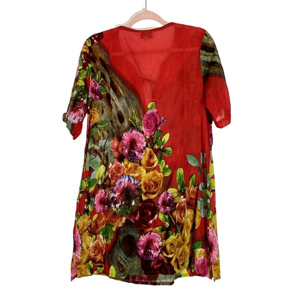 Marila Red Floral Vneck Crystal Details Semi Sheer 3/4 Sleeves Cover Up Size S - Picture 5 of 8